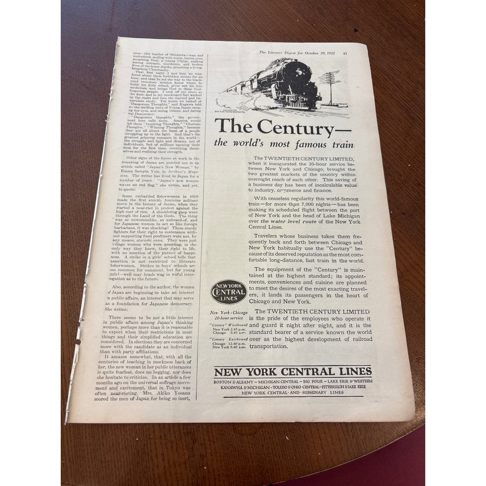 Vintage New York Central Lines Print Ad 1921 Twentieth Century Limited Train Art